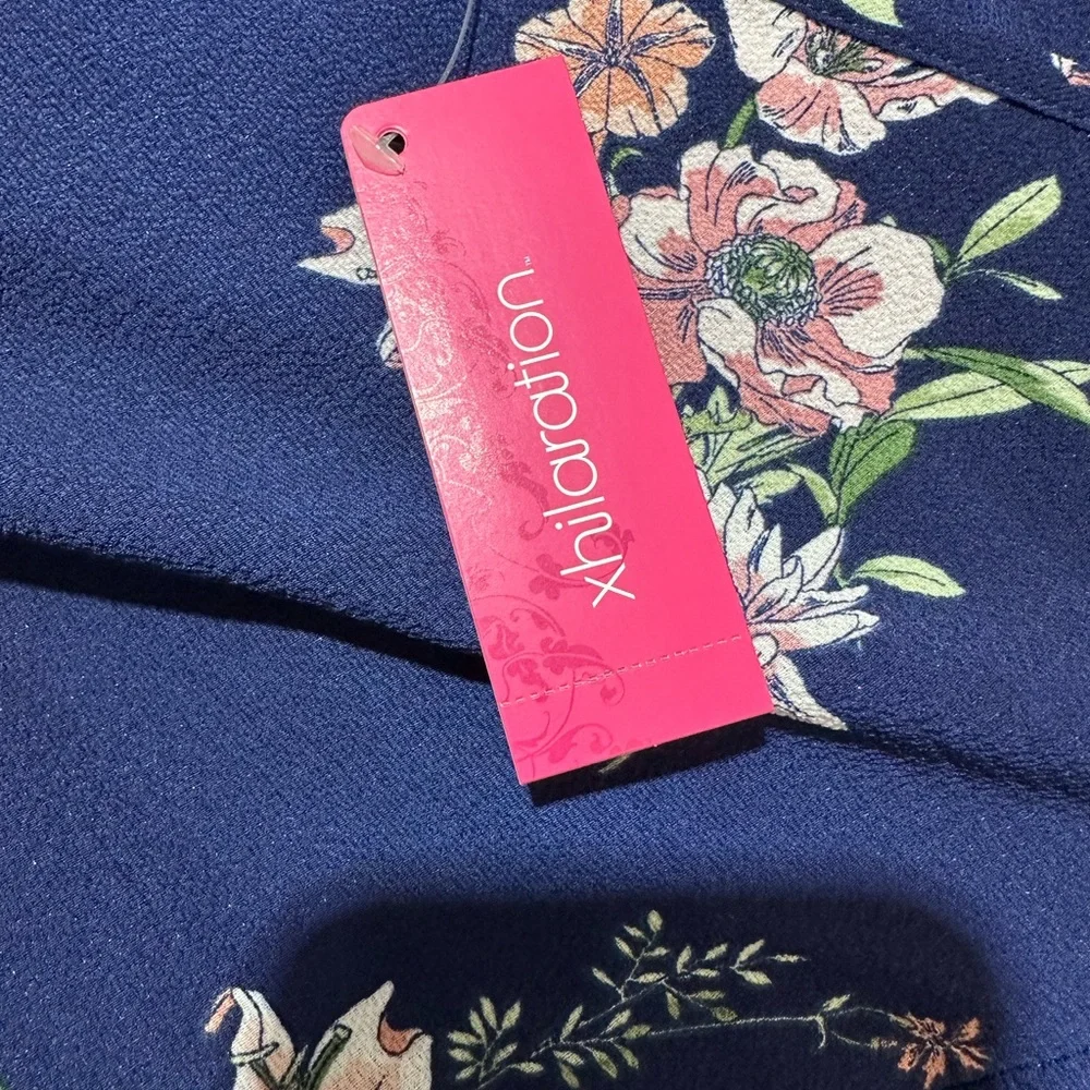 NWT Xhiliration Women’s M Jumpsuit Blue Floral Tie Sleeve Faux Wrap Wide Leg